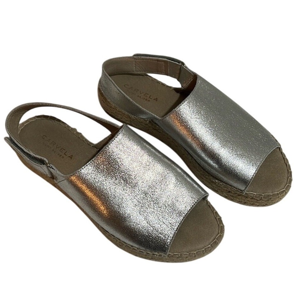 Carvela Kurt Geiger Espadrille Sandals 38 Silver Leather Slingback Platform